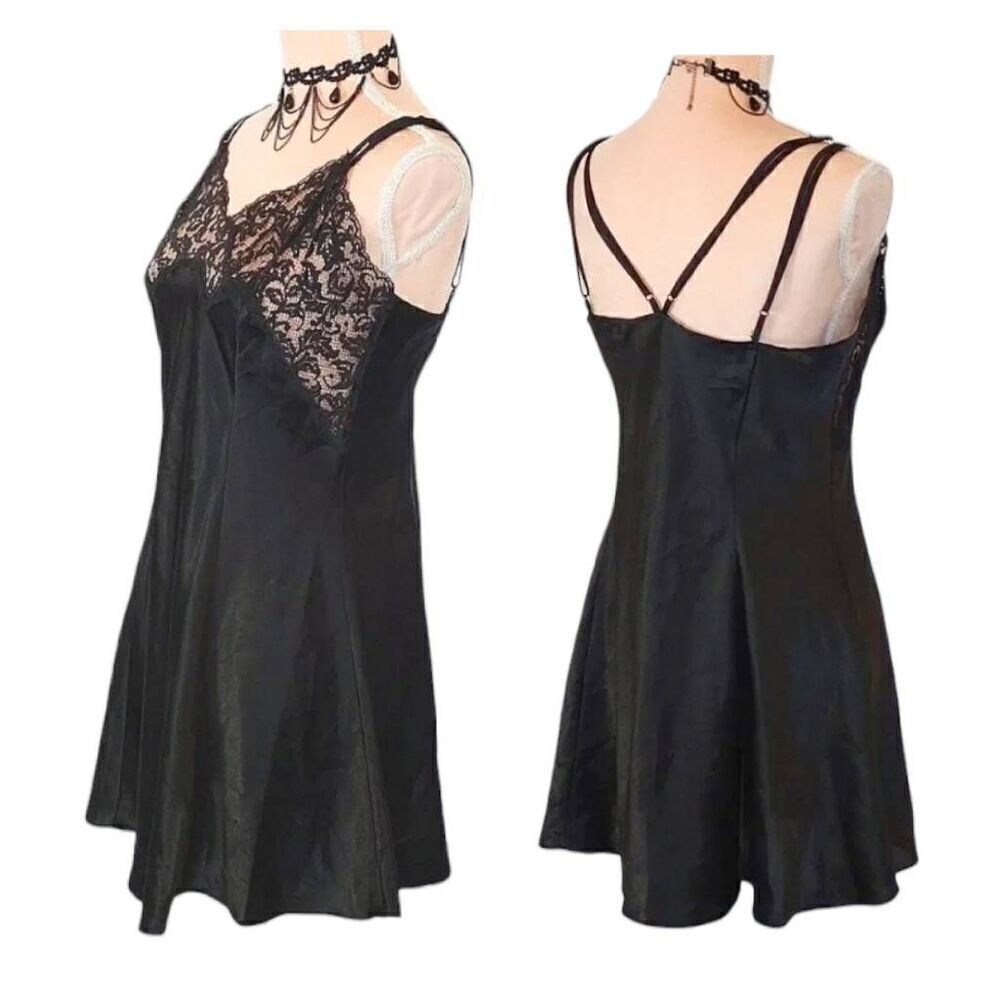 Victoria's Secret VTG 90s Black Satin Strappy Lace Top Mini Slip Dress Large - Picture 10 of 15